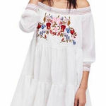 Free People  Sunbeam Mini Dress Ivory Embroidered Off Shoulder Bohemian‎ Small Photo 0