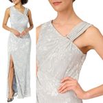 Aidan Mattox Adrianna Papell Pleated Foil Mermaid Maxi Gown Women 10 Silver NWOT Photo 0