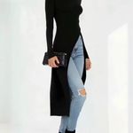 Black Neck Solid Color Slim Fit Split Long Pullover Top Gray Size XL Photo 3