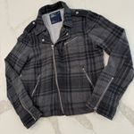 American Eagle Y2K Asymmetrical Plaid Moto Full Zip Jacket Women’s Large Gray Photo 1