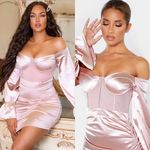 Pretty Little Thing  Dusty Pink Bardot Satin Mesh Insert Ruched Bodycon Mini Dress Photo 4