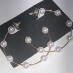 Gold Tone Faux Pearl Huge Boho Hoop Pierced Earrings Photo 3