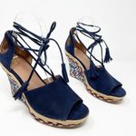 CAbi Isla Blue Suede Ankle Wrap Wedge Sandals Espadrille Southwestern Shoes 8 Photo 3