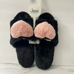 Jenni Slippers Fluffy Slides Plush Faux Fur Size XL 11-12 Black/Pink Heart Photo 1