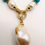 Handmade Genuine Turquoise Necklace With Large Natural Baroque Pearl Pendant Photo 4