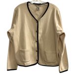 LL Bean Cream Fleece Cardigan Jacket Black Trim Button Front Pockets Large Photo 0
