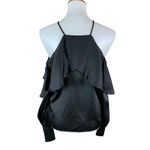 Haute Rogue  Black Cold Shoulder Satin Ruffle Blouse Small Elegant Date Night NWT Photo 3