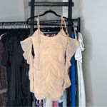 Oh Polly  Tie Shoulder Mesh Ruched Mini Dress in Sand Photo 7