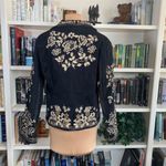 Vintage 90s Embroidered Jean Jacket Black Denim Tan Floral Bohemian Size Small Photo 7