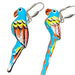 Vintage Wooden Parrot Dangle Earrings 80s Jewelry Tropical Beach Multi Color 2” Blue Photo 1