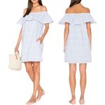 Line and Dot NWT  Lea Dress Ruffle Off Shoulder Pockets Stripes Blue White Size L Photo 2