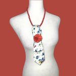 “Dainty Dapper” white Floral Tie Necklace with burnt orange Beads and brooch Red Photo 1