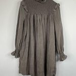 French Connection  brown smocked high neck long blouson sleeve mini dress M Photo 7