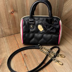 Betsey Johnson  Small Mini‎ Satchel Bag Shoulder Strap Black Pink Quilted Heart Photo 0
