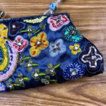 Vintage Satin Embroidered Beaded Evening Bag Beaded Strap Kiss Lock Closure Blue Photo 2