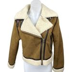 ZARA Brown Vegan Faux Suede Leather Sherpa Shearling Zip Up Moto Coat Jacket S Photo 0