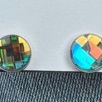 Handcrafted chessboard crystal earrings with Swarovski aurora borealis Silver Photo 0