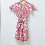 Haute Monde Red Striped Short Sleeve Floral Romper with Tie Waist. Size Small Photo 1