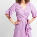 Gap Pink Blue Linen Striped Wrap Dress with bell sleeve detail Gently Used Small Photo 1