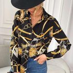 SheIn Elegant Black and Gold Chain Print Blouse Photo 0