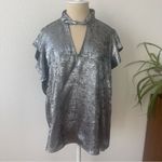 Worthington 2X Shimmering Silver Blouse Keyhole Neck Short Sleeve Satin Photo 3