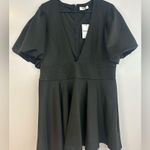Showpo NWT . Margerie Plunge Puff Sleeve Fit & Flare Black Mini Dress Size 16 Photo 2