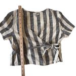 Ecote Wrap Top Black Ivory‎ Stripe Cotton Tie Waist Short Sleeve S Boho Gray Photo 6