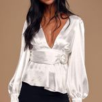 Lulus White Satin Belted Long Sleeve Top Photo 0