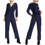 1. State  Women's Blue Silky Sheen Surplice V-neck Leopard Print Jumpsuit NWD 12 Photo 1