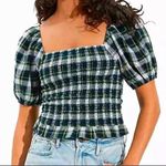 American Eagle  NWT Trendy Plaid Puff Sleeve Top Green Navy White Smocked Crop Photo 0