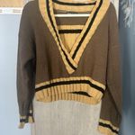 SheIn Brown and Tan V-Neck Sweater with Collegiate Stripes Photo 0