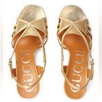 Gucci  Gold Metallic Leather Cross Over Strap Slingback Sandals High Heels Photo 3