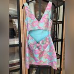 New Floral Jacquard bow mini dress cutout cocktail sleeveless vneck preppy Blue Size M Photo 3