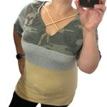 First Love (M) Camouflage Striped Colorblock Cross Front Short Sleeve Tee Photo 1