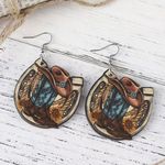 Western style wooden with sunflower shape‎ pattern drop hook earrings Brown Photo 6