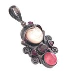 Sagen Silver Pendant Mother of Pearl Moon Face Garnet Ruby Peach Quartz Gemstone Photo 6