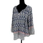 Beach Lunch Lounge Womens Ikat Notch Neck‎ 3/4 Sleeve Tunic Blouse Blue Medium Photo 2