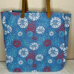 None Floral Red White And Blue Canvas Tote Bag Faux Leather Brown Handle Straps Photo 4