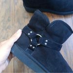 Arizona Jeans Arizona • faux shearling ankle booties black suede fur harness short low Y2K Photo 5