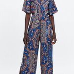 ZARA Cut Out Blue Mosaic Satin Paisley Bohemian Jumpsuit Sz XS Photo 1