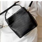 NWT AOTA Elena Crossbody Bucket Bag in Black Croc Vegan Leather Photo 9