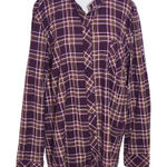D&Co. Burgundy Plaid Collarless Button Down Shirt Size XL Burgundy Plaid Top Red Photo 0