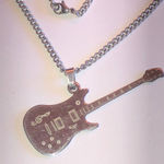 Silver Tone Huge Guitar Boho Pendant Necklace Photo 0