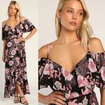 Lulus  Fully Bloomed Black Floral Off-the-Shoulder Maxi Wrap Dress Size S NWT Photo 2
