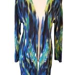 Chico's Open Front Long Cardigan Jacket Blue & Green Brushstroke Print Rayon Size Photo 0