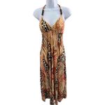 Alyn Paige Brown Orange Halter Neck Wood Beads Animal Print Maxi Dress Cruise Photo 1