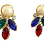 Vintage 80's Multicolor Rhinestone Pearl Costume Earrings Runway Glam Fashion Gold Photo 0