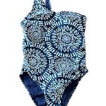 Nicole Miller  Navy and White Tribal Print One Shoulder Swimsuit, size 8 Photo 0