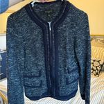 Talbots  Tweed Knit Blazer Braided Trim Full Zip Navy White Photo 2