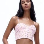 ZARA  Floral Printed Sweetheart Neck Linen Blend Crop Top Pink &‎ Purple Size XS Photo 0